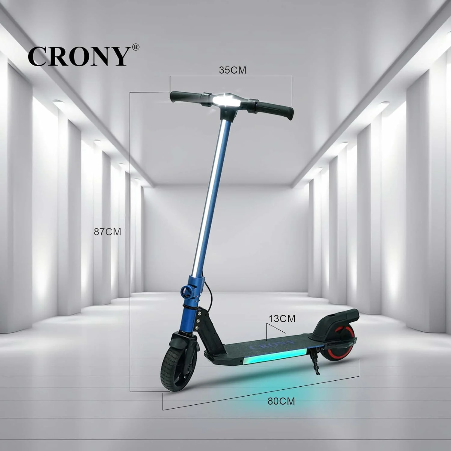 اسکوتر تاشو کودکانه CRONY با نوار نور LED، چراغ‌های عرشه RGB، ترمز الکترونیکی، نمایشگر LED، شتاب‌دهنده و زیرپایی توسعه‌یافته برای سنین 5-12 سال، تحمل وزن تا 100 کیلوگرم، آبی
