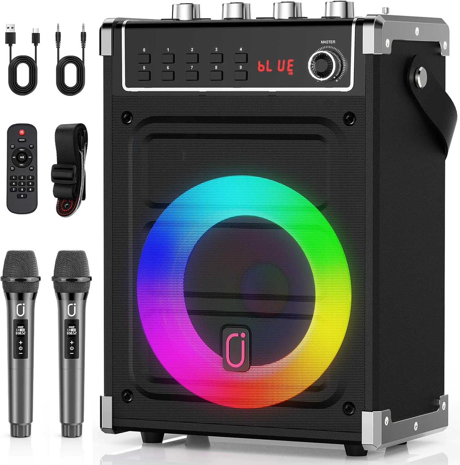 دستگاه کارائوکه JYX با 2 میکروفون بی سیم UHF، بلندگوی بلوتوث با باس/تریبل و نور LED، ساب ووفر استودیویی با پشتیبانی از TWS، AUX in، FM، مناسب برای مهمانی/جلسه/عروسی - مشکی