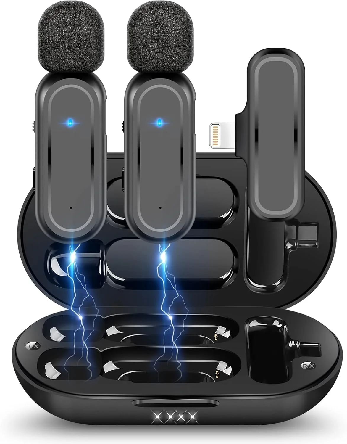 میکروفون یقه ای بی سیم KASTWAVE بسته 2 عددی برای آیفون و آیپد - میکروفون لاوالیر کلیپسی برای ولاگ، یوتیوب، مصاحبه، با جعبه شارژ و 3 حالت حذف نویز، برد 21 متر