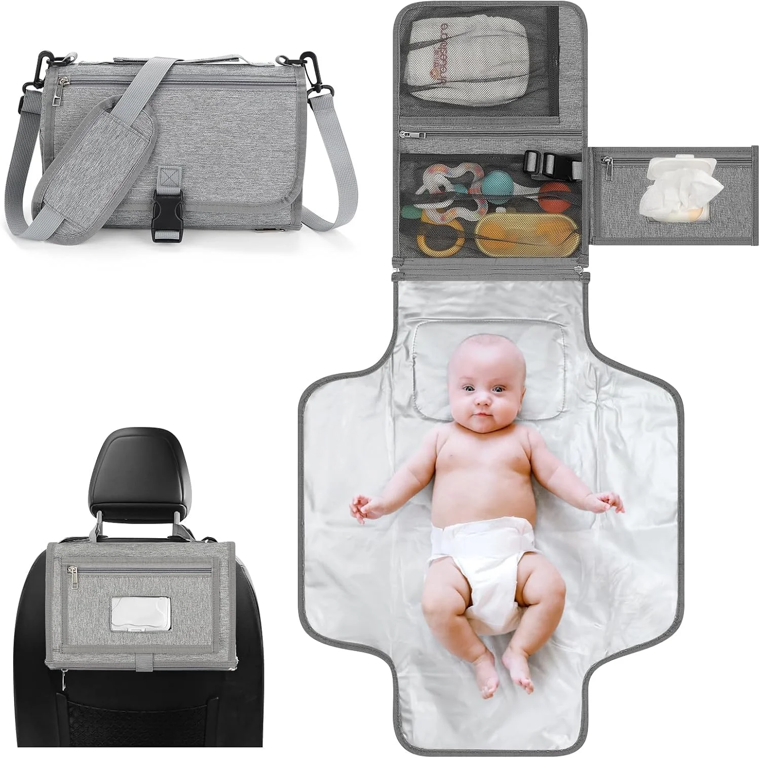 زیرانداز تعویض پوشک قابل حمل Azonee، زیرانداز تعویض برای نوزاد دختر و پسر، تشک تعویض ضد آب کودک با جیب دستمال مرطوب هوشمند، کیت تعویض مسافرتی ضد آب، لوازم ضروری نوزاد هدیه سیسمونی