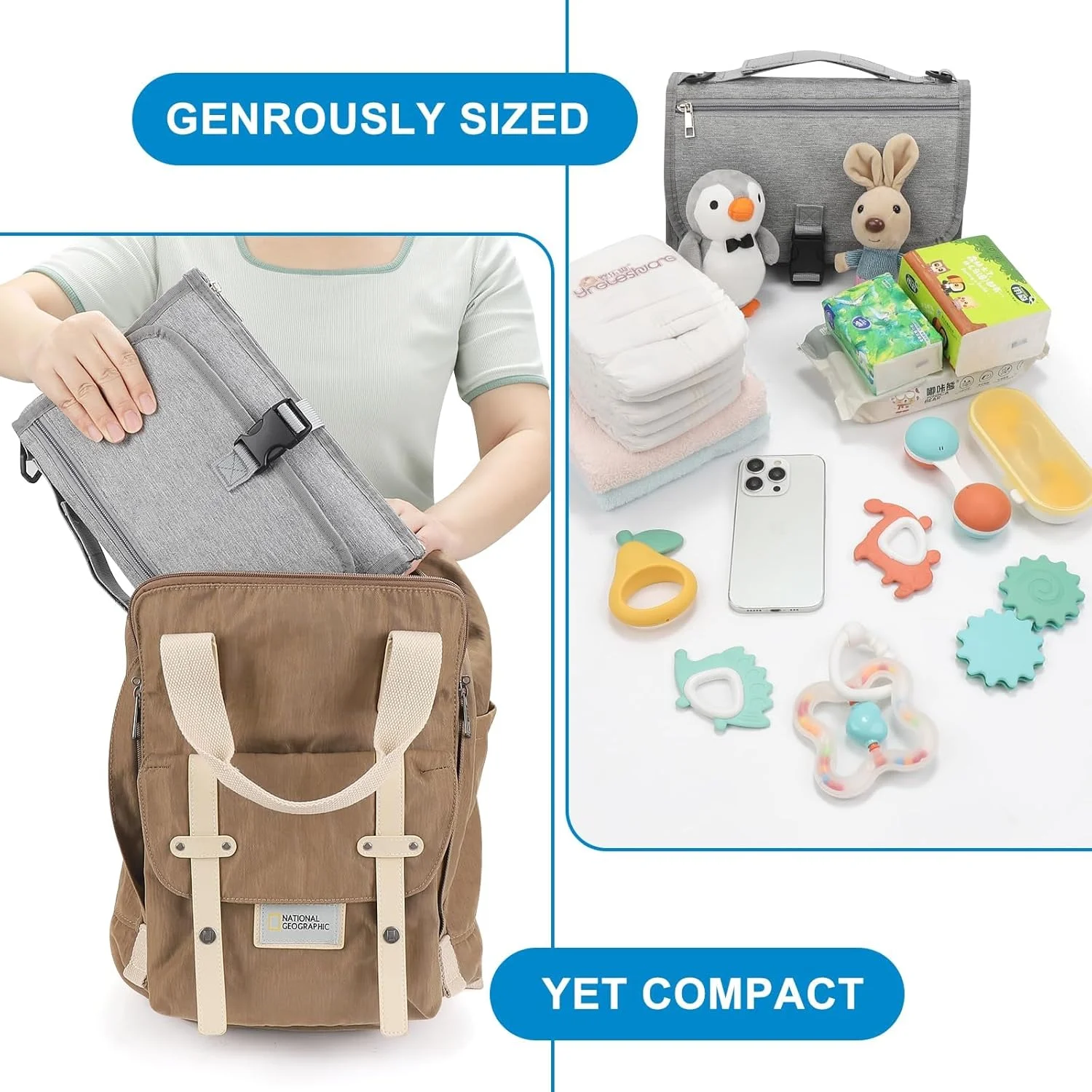 زیرانداز تعویض پوشک قابل حمل Azonee، زیرانداز تعویض برای نوزاد دختر و پسر، تشک تعویض ضد آب کودک با جیب دستمال مرطوب هوشمند، کیت تعویض مسافرتی ضد آب، لوازم ضروری نوزاد هدیه سیسمونی