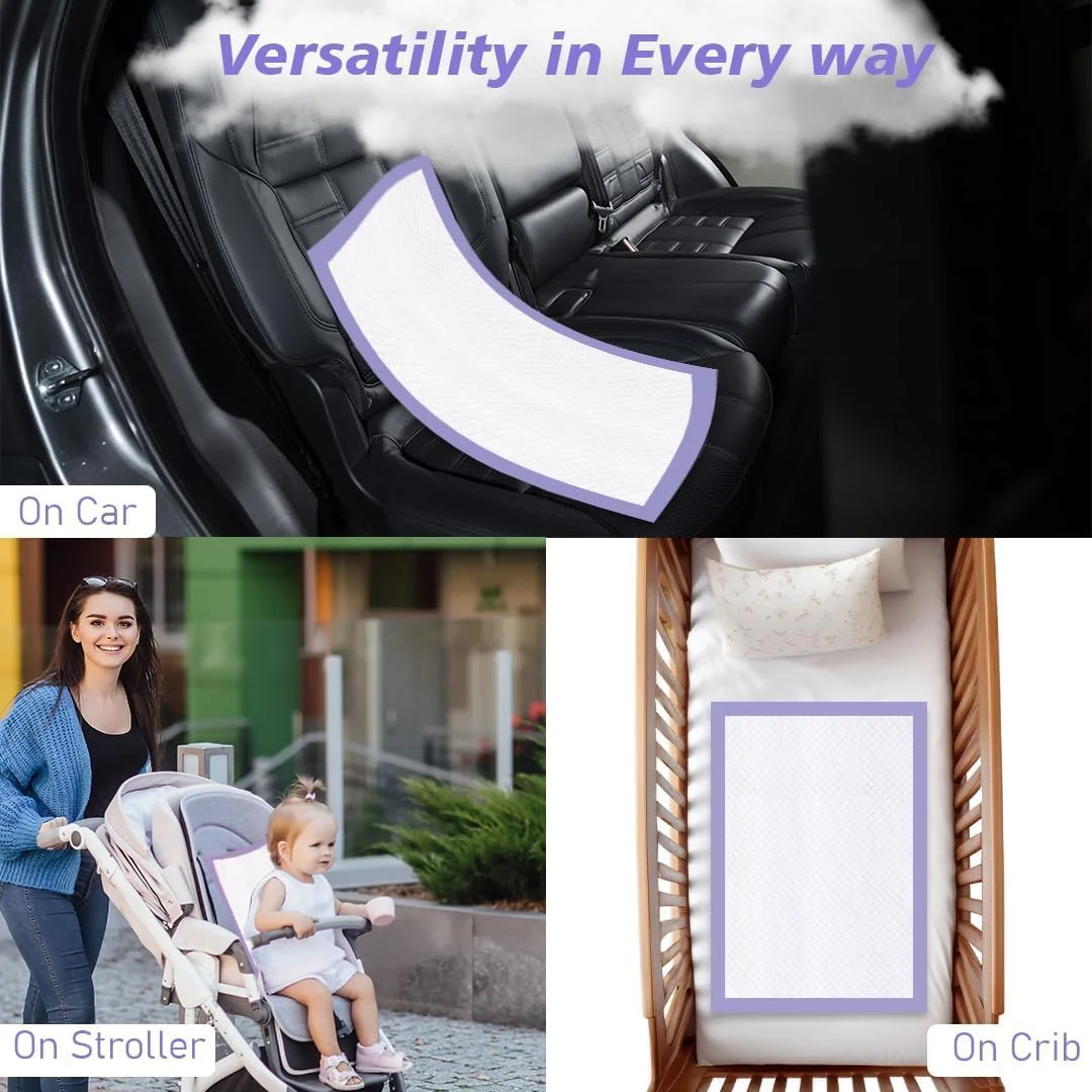 مجموعه لوازم ضروری مراقبت از کودک - 90 زیرانداز تعویض یکبار مصرف فوق العاده جاذب (60x45 سانتی متر، اسطوخودوس) + گرم کننده شیر برقی با گرمایش دوگانه شیشه ای برای شیر مادر و آب برای مسافرت و استفاده در منزل