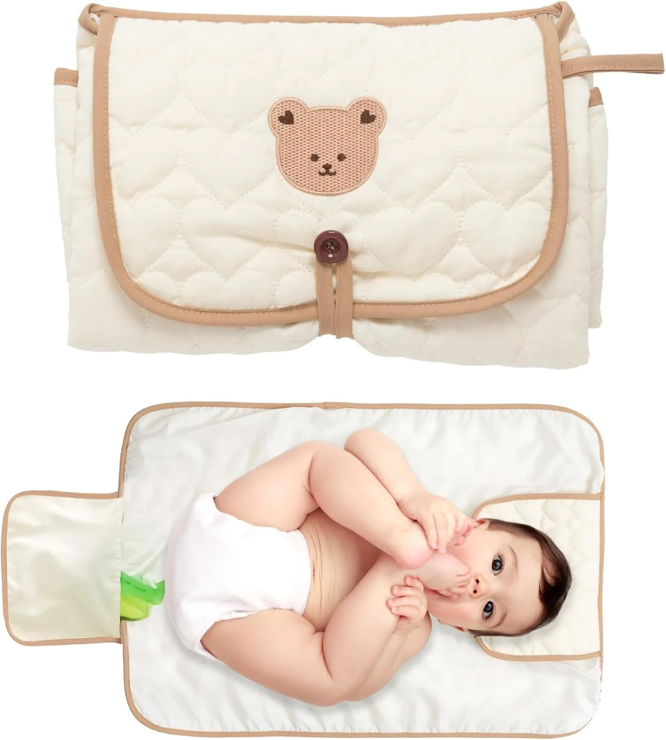 زیرانداز تعویض پوشک قابل حمل BIGTHREE، تشک تعویض نوزاد، زیرانداز تاشو چند منظوره ضد آب، لوازم ضروری نوزاد، قابل حمل برای سفرهای کوتاه (طرح خرس پنبه خالص)