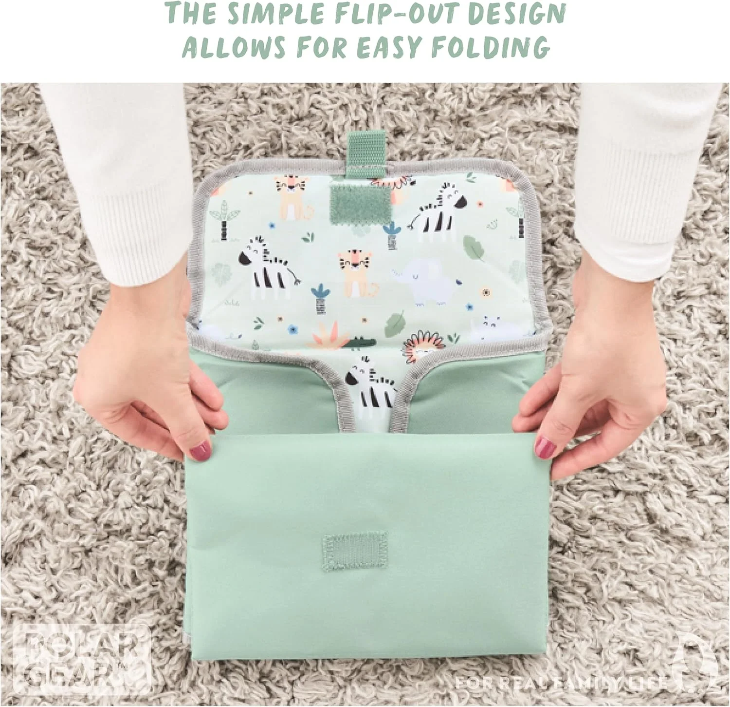 زیرانداز تعویض پوشک کودک پولار گیر - سبز سافاری - قابل تمیز کردن، قابل حمل، پد دار، تاشو، زیرانداز تعویض مسافرتی با جیب