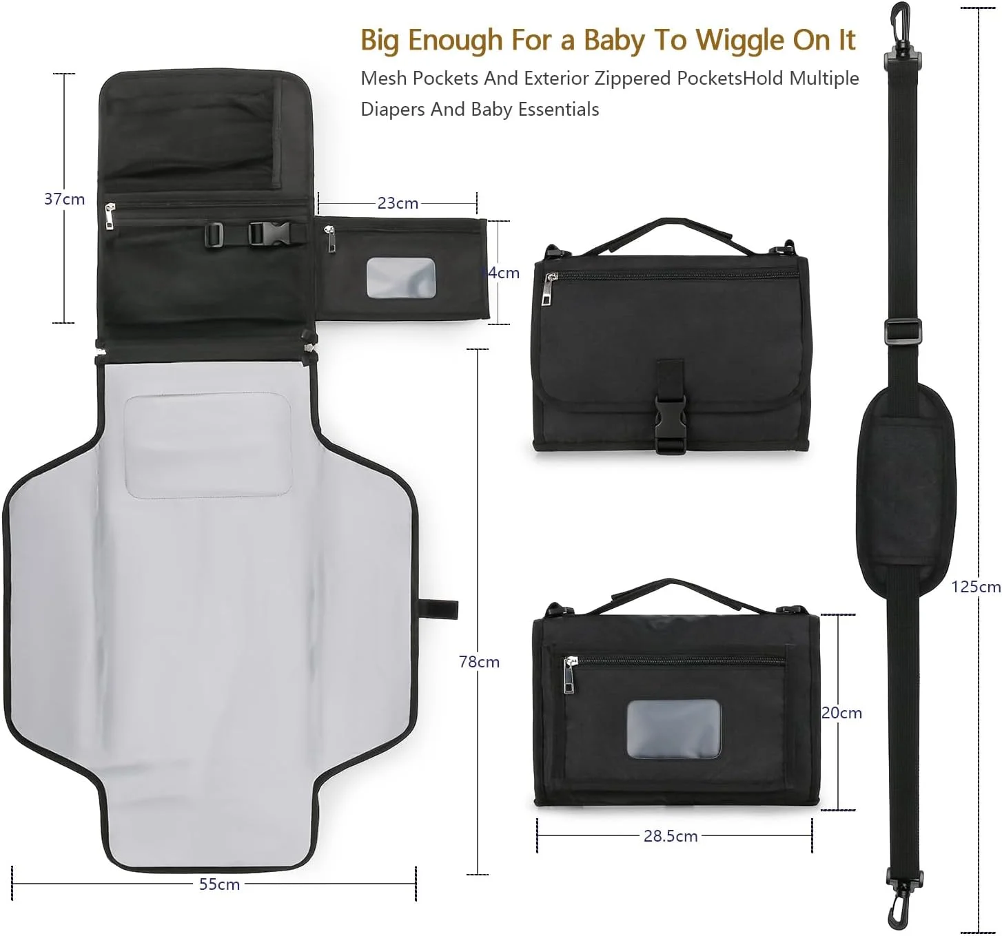 زیرانداز تعویض پوشک قابل حمل Bebamour با جیب دستمال مرطوب، پد تعویض پوشک مسافرتی کودک با بالشتک سر برای نوزادان، زیرانداز تعویض پوشک ضد آب، لوازم ضروری نوزاد، مشکی جدید