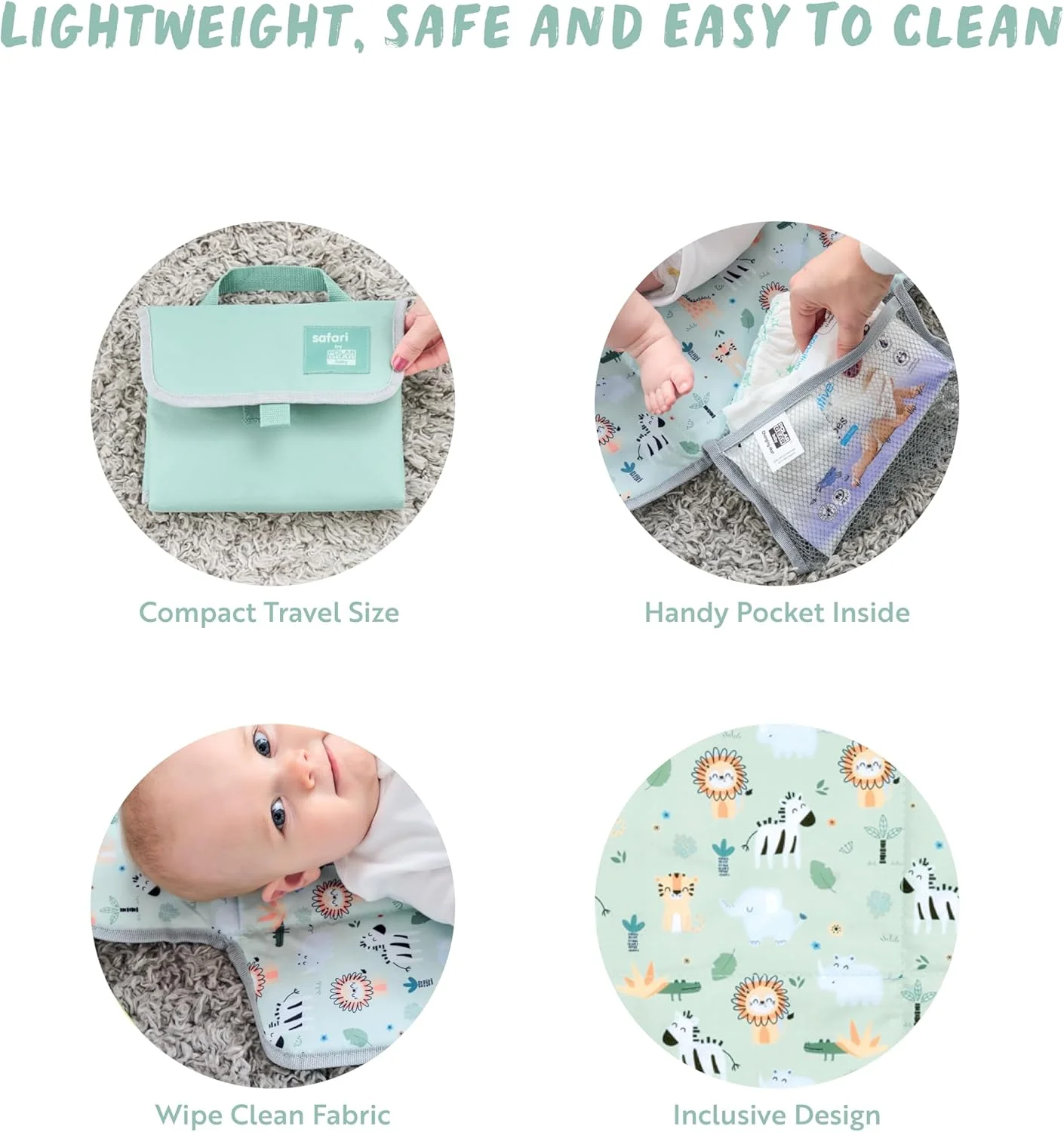 زیرانداز تعویض پوشک کودک پولار گیر - سبز سافاری - قابل تمیز کردن، قابل حمل، پد دار، تاشو، زیرانداز تعویض مسافرتی با جیب