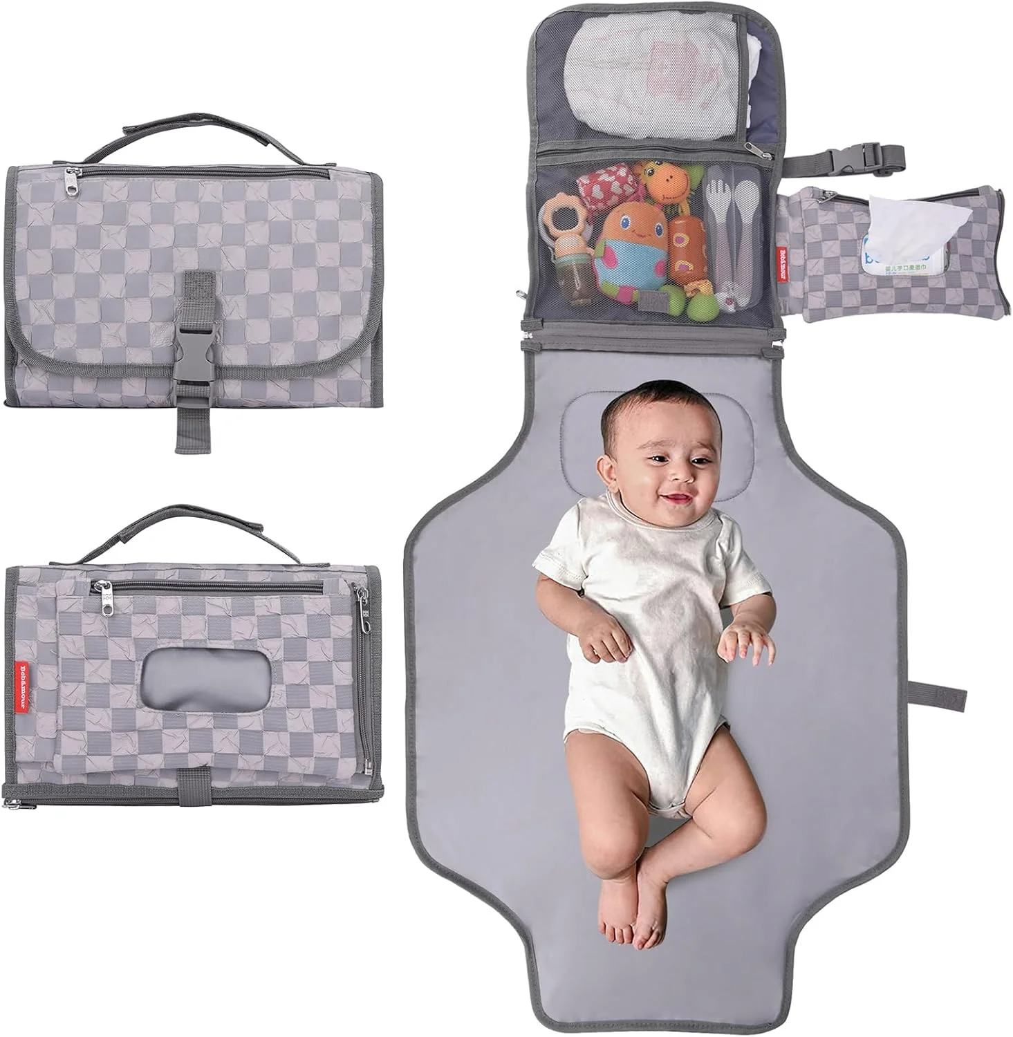 زیرانداز تعویض پوشک قابل حمل Bebamour با جیب دستمال مرطوب، پد تعویض پوشک مسافرتی کودک با بالشتک سر برای نوزادان، زیرانداز تعویض پوشک ضد آب، لوازم ضروری نوزاد، مشکی جدید