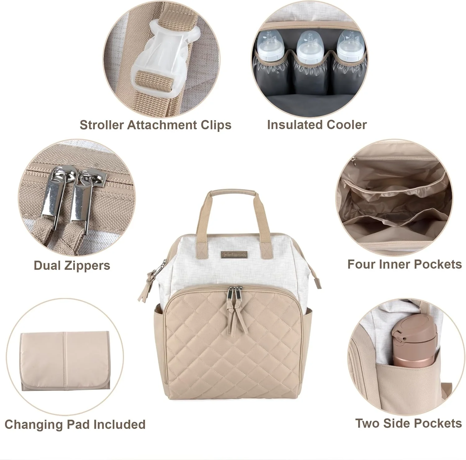 کیف کوله پشتی لوازم کودک - ظرفیت بزرگ، دارای محفظه خنک نگهدارنده عایق، طراحی قاب اصلی، پد تعویض و بندهای اتصال به کالسکه