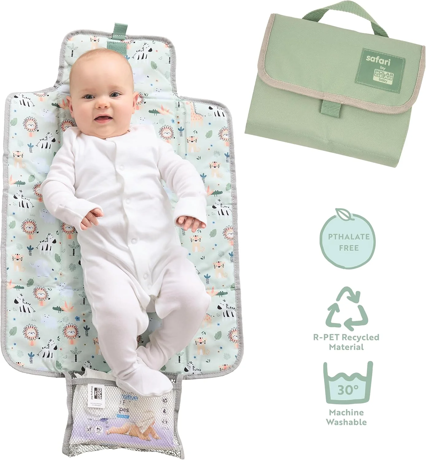 زیرانداز تعویض پوشک کودک پولار گیر - سبز سافاری - قابل تمیز کردن، قابل حمل، پد دار، تاشو، زیرانداز تعویض مسافرتی با جیب
