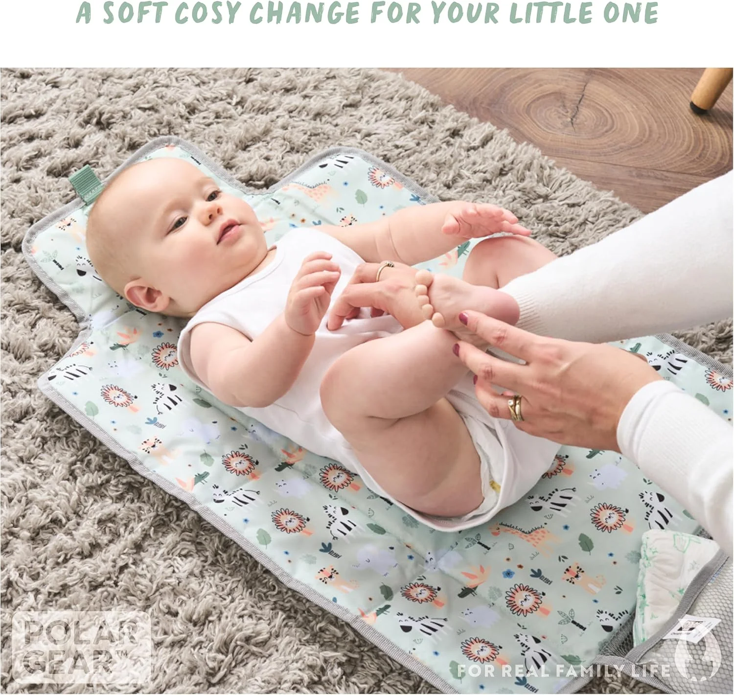 زیرانداز تعویض پوشک کودک پولار گیر - سبز سافاری - قابل تمیز کردن، قابل حمل، پد دار، تاشو، زیرانداز تعویض مسافرتی با جیب