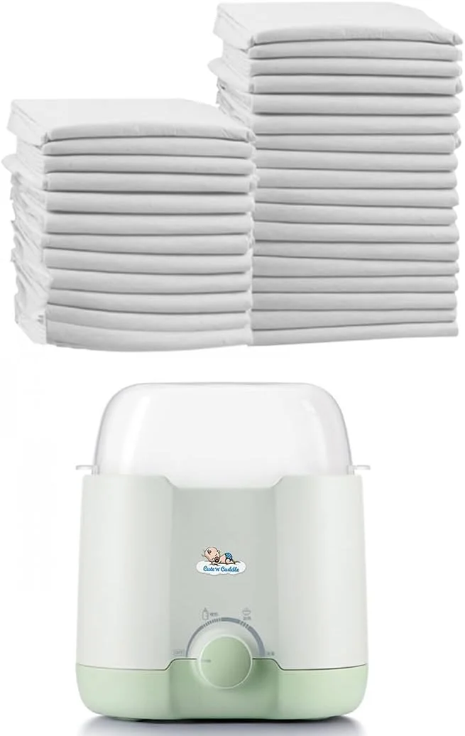 مجموعه لوازم ضروری مراقبت از نوزاد - 240 زیرانداز تعویض یکبار مصرف فوق العاده جاذب (60x45 سانتی متر، سفید) + گرم کننده برقی شیر با گرمایش دوگانه شیشه ای برای شیر مادر و آب برای مسافرت و استفاده در منزل