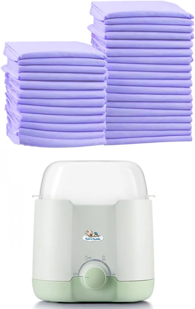 مجموعه لوازم ضروری مراقبت از نوزاد – 150 زیرانداز تعویض یکبار مصرف فوق العاده جاذب (60x45 سانتی متر، اسطوخودوس) + گرم کننده شیر برقی با گرمایش دوگانه شیشه ای برای شیر مادر و آب برای مسافرت و استفاده در منزل