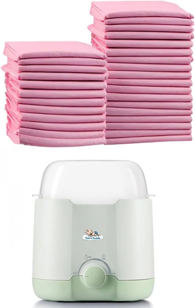 مجموعه لوازم ضروری مراقبت از نوزاد - 30 زیرانداز تعویض یکبار مصرف فوق العاده جاذب (60x45 سانتی متر، صورتی) + گرم کننده شیر برقی با گرمایش دوگانه شیشه ای برای شیر مادر و آب برای مسافرت و استفاده در منزل