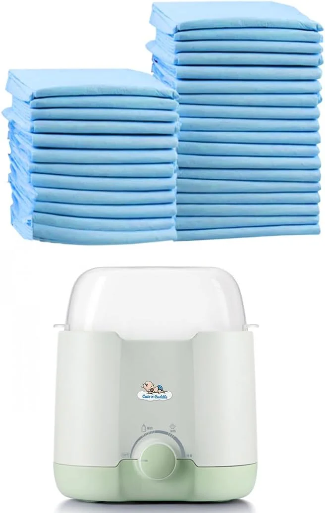 مجموعه لوازم ضروری مراقبت از نوزاد – 150 زیرانداز تعویض یکبار مصرف فوق العاده جاذب (60x45 سانتی متر، آبی) + گرم کننده شیر برقی با گرمایش دوگانه شیشه ای برای شیر مادر و آب برای مسافرت و استفاده در منزل