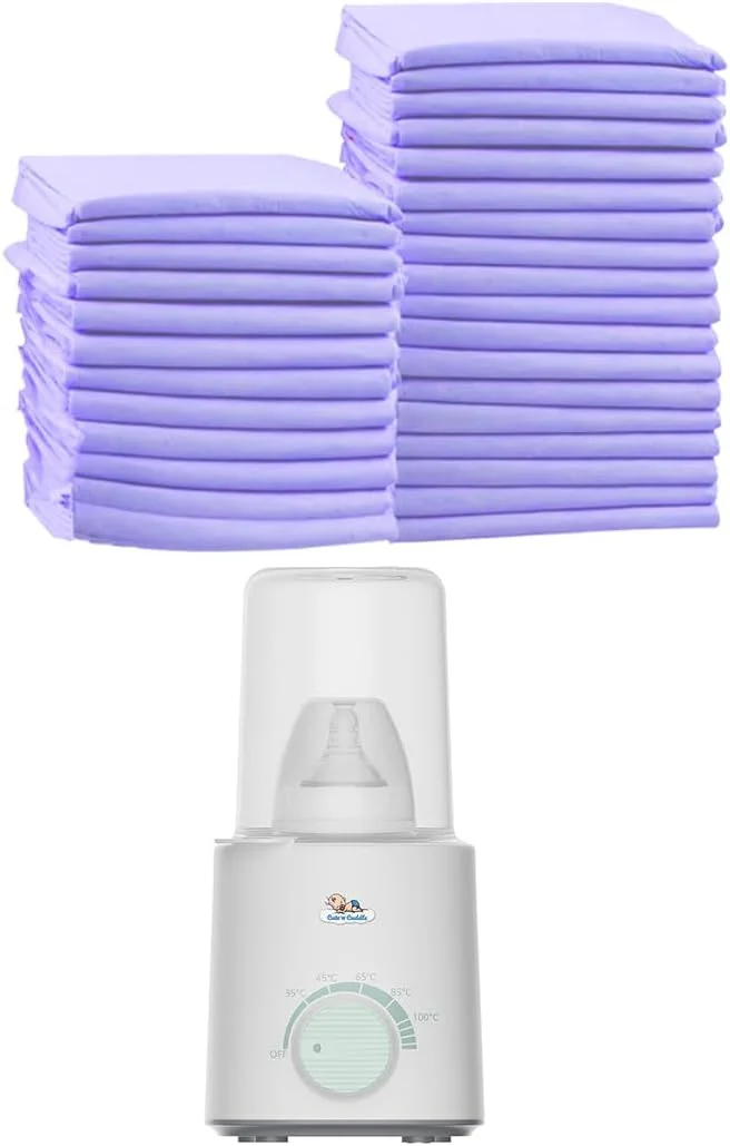 پد تعویض پوشک یکبار مصرف کودک با گرمکن شیشه شیر – بسته 90 عددی ضد آب، پدهای پوشک فوق العاده نرم (60x45 سانتی متر) + گرمکن برقی سریع شیر با گرمایش دوگانه و درب شیشه ای ایده آل برای نوزادان، مسافرت و خانه