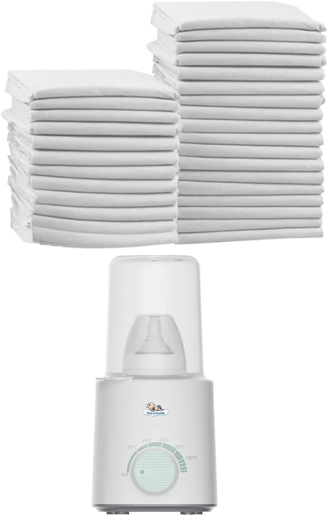 زیرانداز تعویض پوشک یکبار مصرف کودک به همراه گرم کننده شیشه شیر - بسته 210 عددی زیرانداز ضد آب و فوق العاده نرم (60x45 سانتی متر) + گرم کننده سریع برقی شیر با گرمایش دوگانه و درب شیشه ای، ایده آل برای نوزادان، مسافرت و خانه.