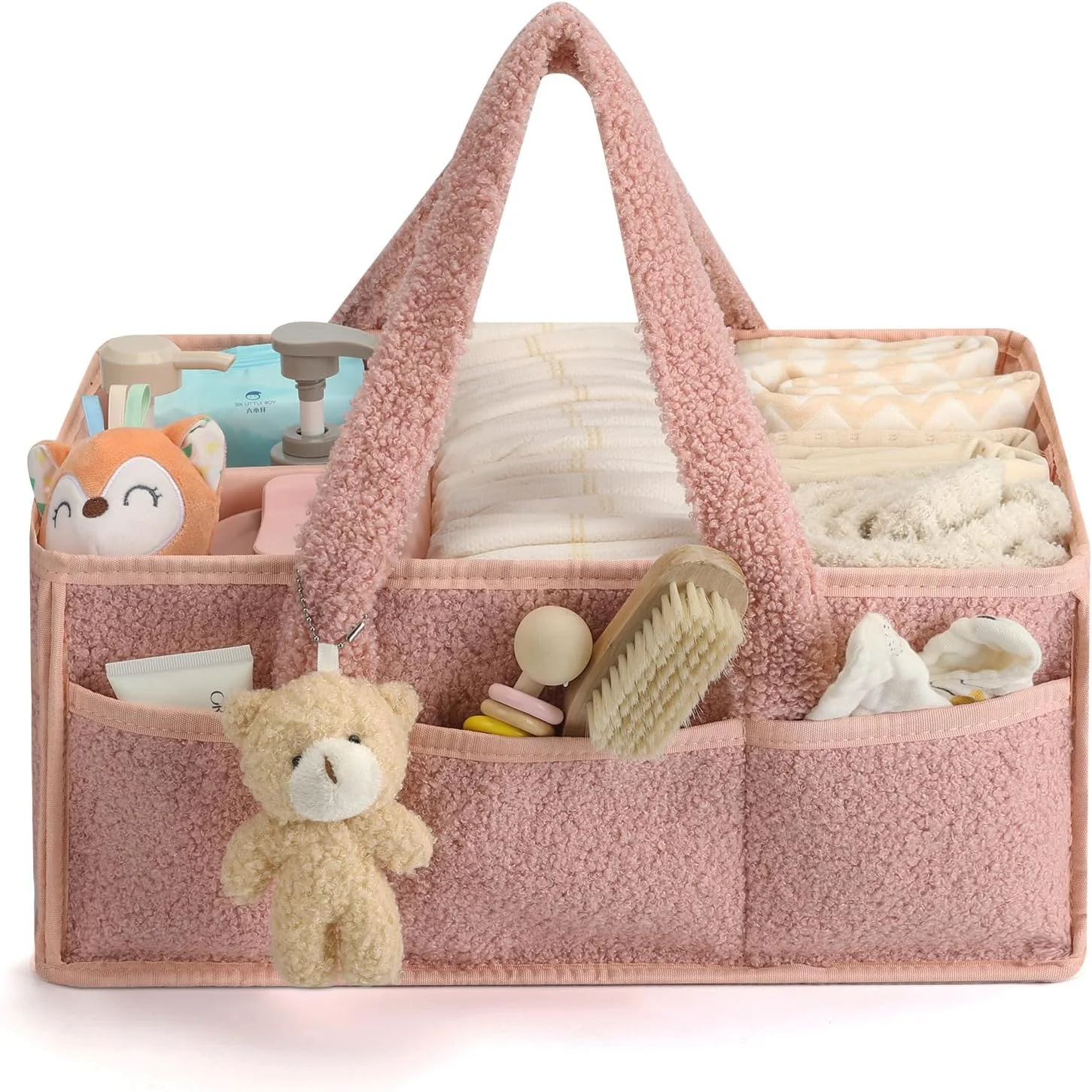 سازمان دهنده سبد پوشک نوزاد ERTYU، سازمان دهنده میز تعویض برای دستمال مرطوب و پوشک، سازمان دهنده پوشک تدی برای میز تعویض، لوازم ضروری نوزاد برای والدین (صورتی)