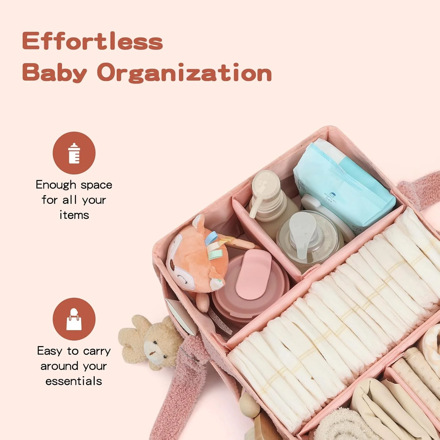 سازمان دهنده سبد پوشک نوزاد ERTYU، سازمان دهنده میز تعویض برای دستمال مرطوب و پوشک، سازمان دهنده پوشک تدی برای میز تعویض، لوازم ضروری نوزاد برای والدین (صورتی)
