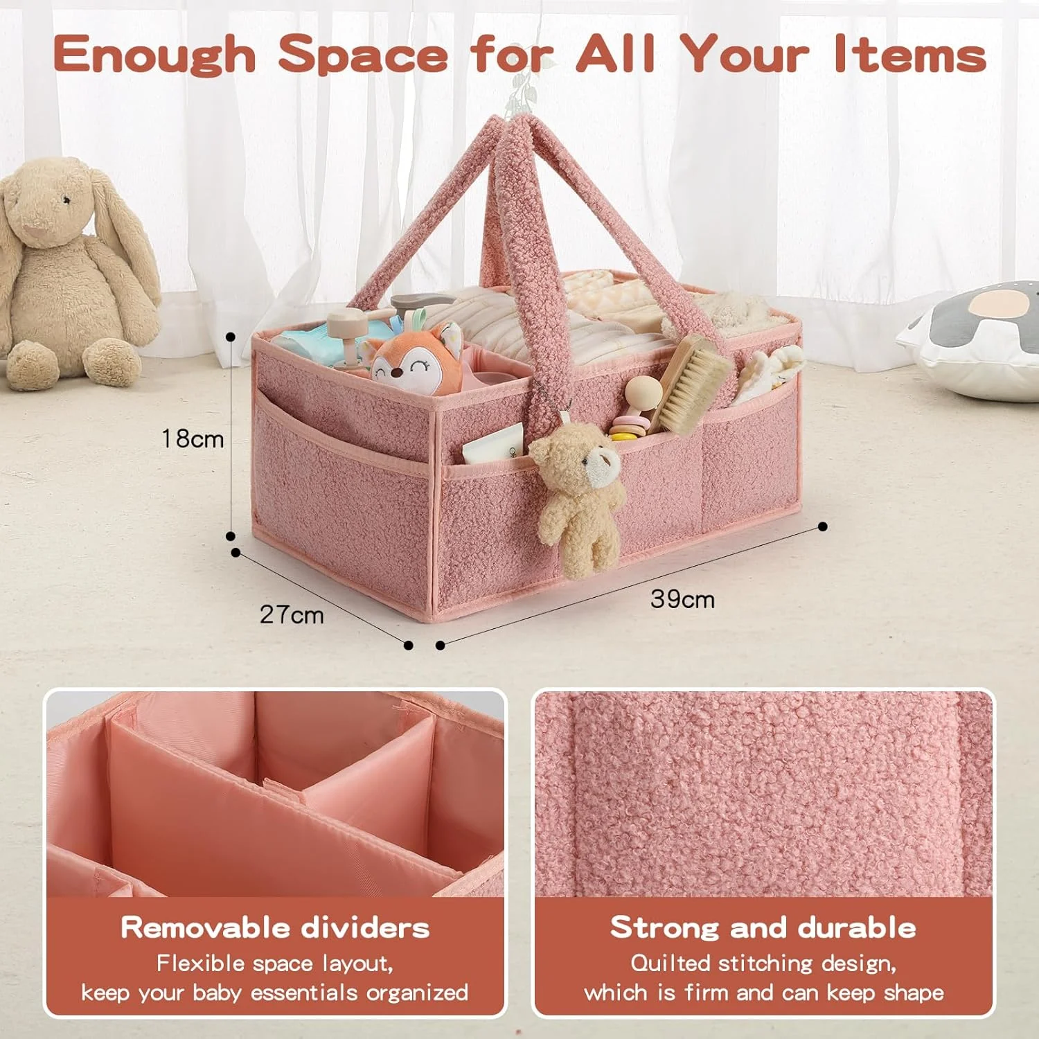 سازمان دهنده سبد پوشک نوزاد ERTYU، سازمان دهنده میز تعویض برای دستمال مرطوب و پوشک، سازمان دهنده پوشک تدی برای میز تعویض، لوازم ضروری نوزاد برای والدین (صورتی)