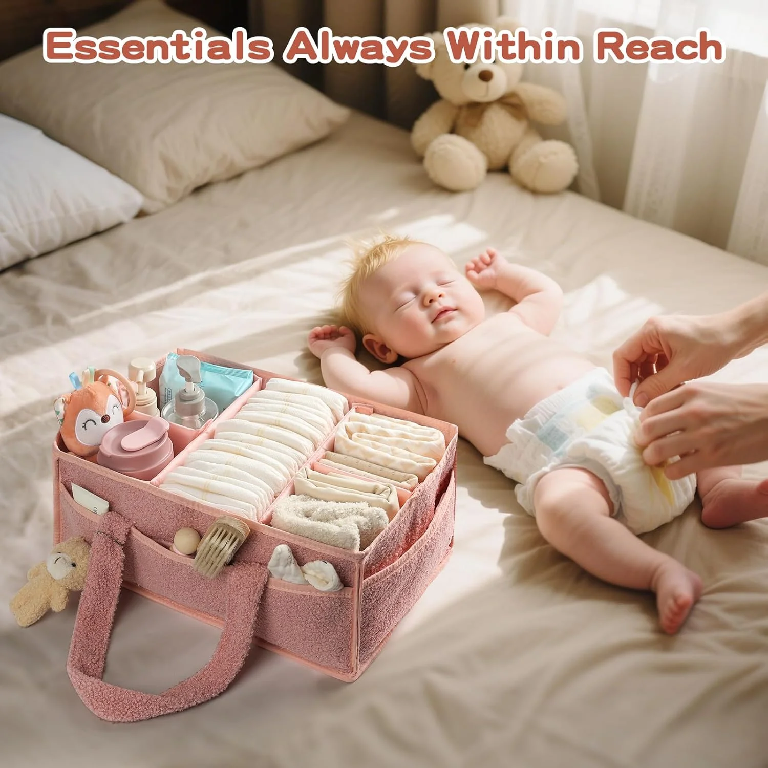 سازمان دهنده سبد پوشک نوزاد ERTYU، سازمان دهنده میز تعویض برای دستمال مرطوب و پوشک، سازمان دهنده پوشک تدی برای میز تعویض، لوازم ضروری نوزاد برای والدین (صورتی)