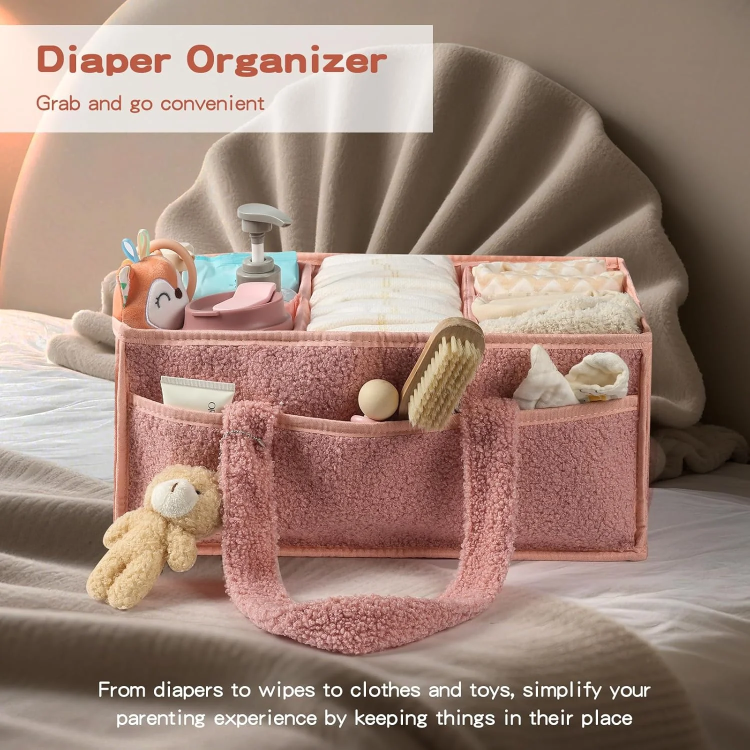 سازمان دهنده سبد پوشک نوزاد ERTYU، سازمان دهنده میز تعویض برای دستمال مرطوب و پوشک، سازمان دهنده پوشک تدی برای میز تعویض، لوازم ضروری نوزاد برای والدین (صورتی)