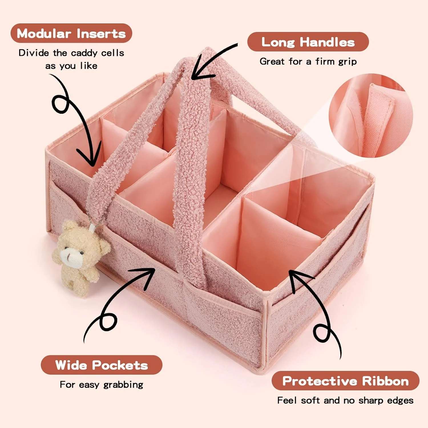 سازمان دهنده سبد پوشک نوزاد ERTYU، سازمان دهنده میز تعویض برای دستمال مرطوب و پوشک، سازمان دهنده پوشک تدی برای میز تعویض، لوازم ضروری نوزاد برای والدین (صورتی)