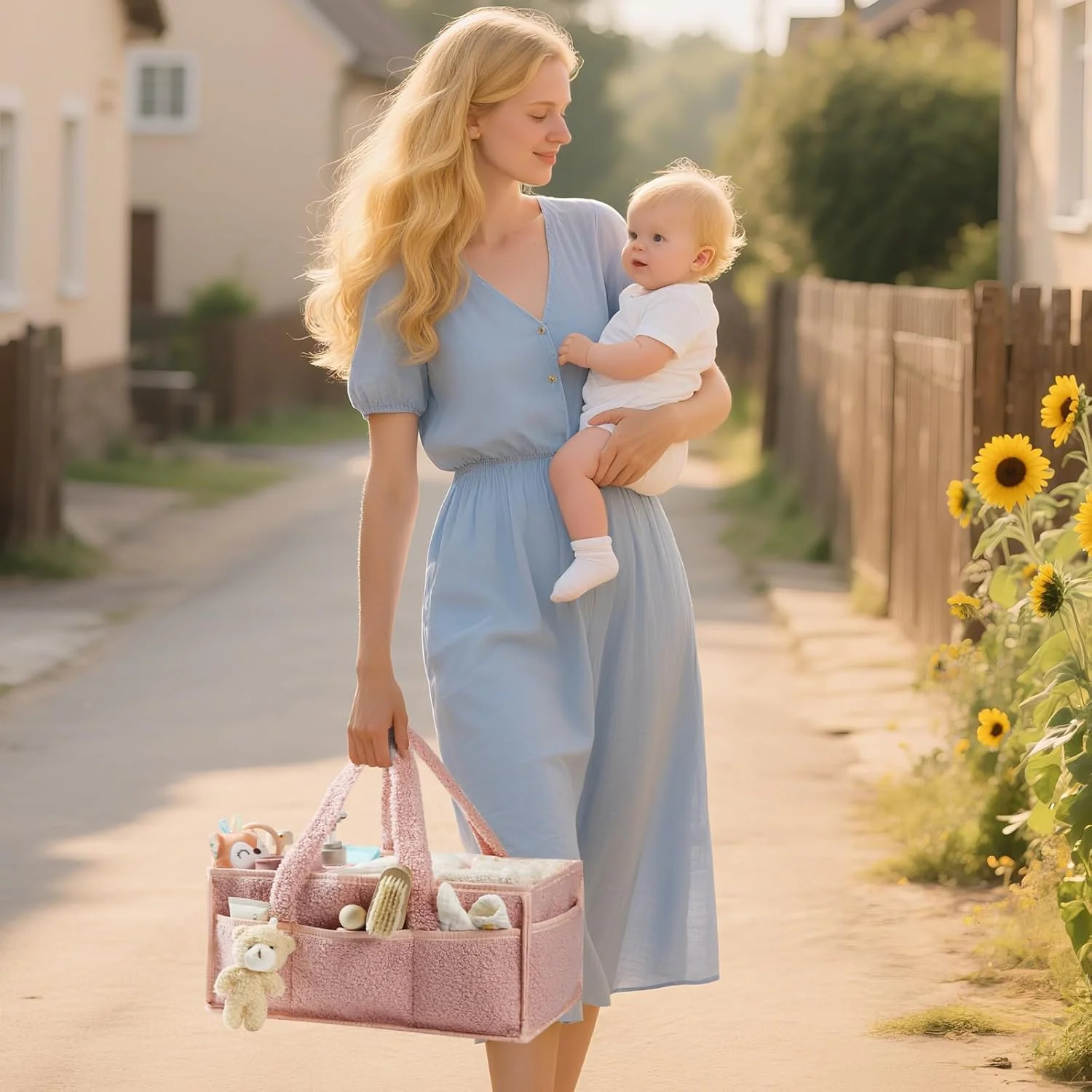 سازمان دهنده سبد پوشک نوزاد ERTYU، سازمان دهنده میز تعویض برای دستمال مرطوب و پوشک، سازمان دهنده پوشک تدی برای میز تعویض، لوازم ضروری نوزاد برای والدین (صورتی)