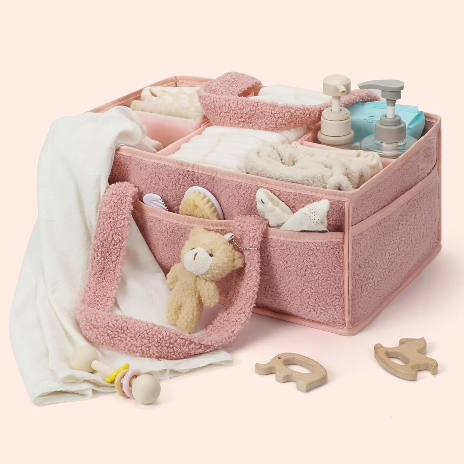سازمان دهنده سبد پوشک نوزاد ERTYU، سازمان دهنده میز تعویض برای دستمال مرطوب و پوشک، سازمان دهنده پوشک تدی برای میز تعویض، لوازم ضروری نوزاد برای والدین (صورتی)