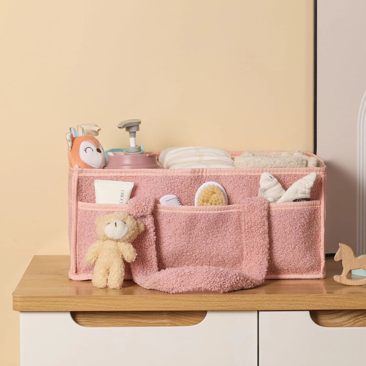 سازمان دهنده سبد پوشک نوزاد ERTYU، سازمان دهنده میز تعویض برای دستمال مرطوب و پوشک، سازمان دهنده پوشک تدی برای میز تعویض، لوازم ضروری نوزاد برای والدین (صورتی)