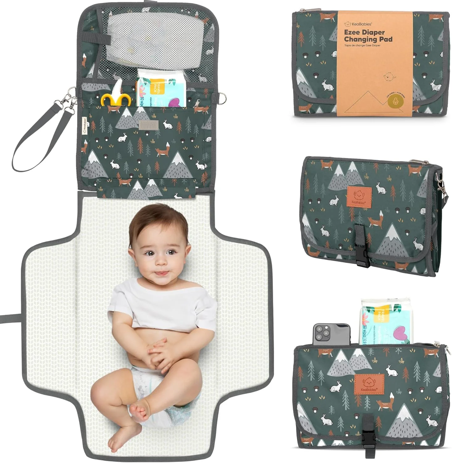 زیرانداز تعویض پوشک قابل حمل KeaBabies - زیرانداز تعویض ضد آب و تاشو - ایستگاه تعویض پوشک - زیرانداز تعویض مسافرتی - کیف تعویض - کیت زیرانداز تعویض قابل حمل (طرح چوب)