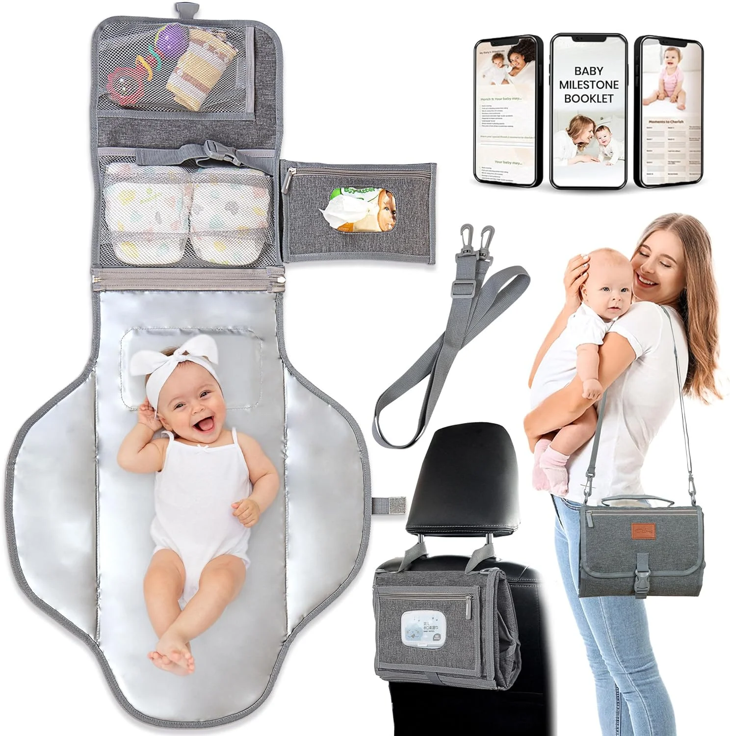 زیرانداز تعویض قابل حمل کودک IKEEP - زیرانداز تعویض پوشک نرم و راحت با جیب دستمال مرطوب، ضد آب و تمیز کردن آسان - هدیه سیسمونی نوزاد، لوازم ضروری، لیست خرید نوزاد