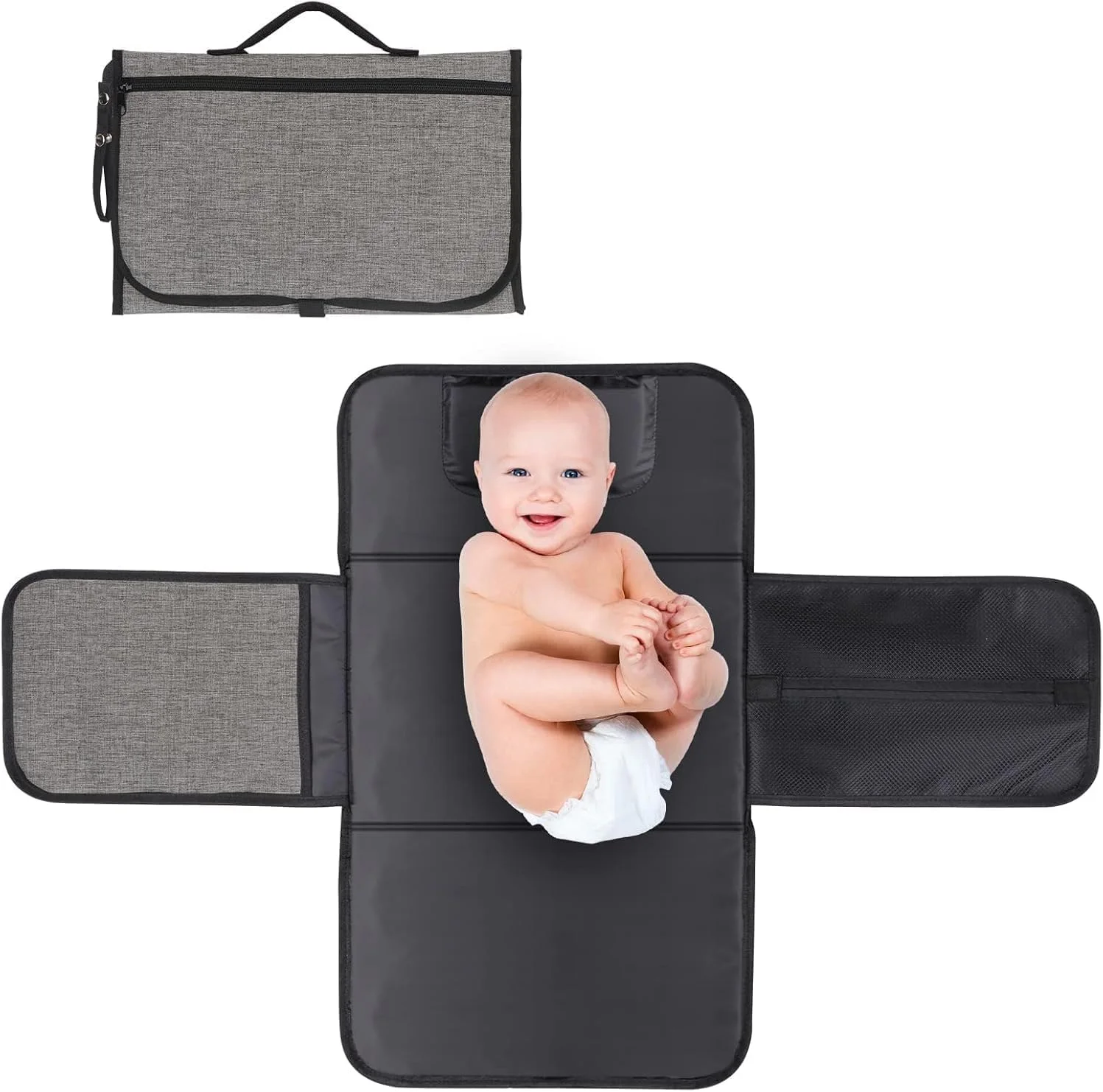 زیرانداز تعویض پوشک قابل حمل Joyzzz برای نوزاد، تشک تعویض تاشو ضد آب با جیب دستمال مرطوب و محفظه نگهداری، زیرانداز تعویض مسافرتی برای لوازم ضروری نوزاد، عالی (خاکستری)