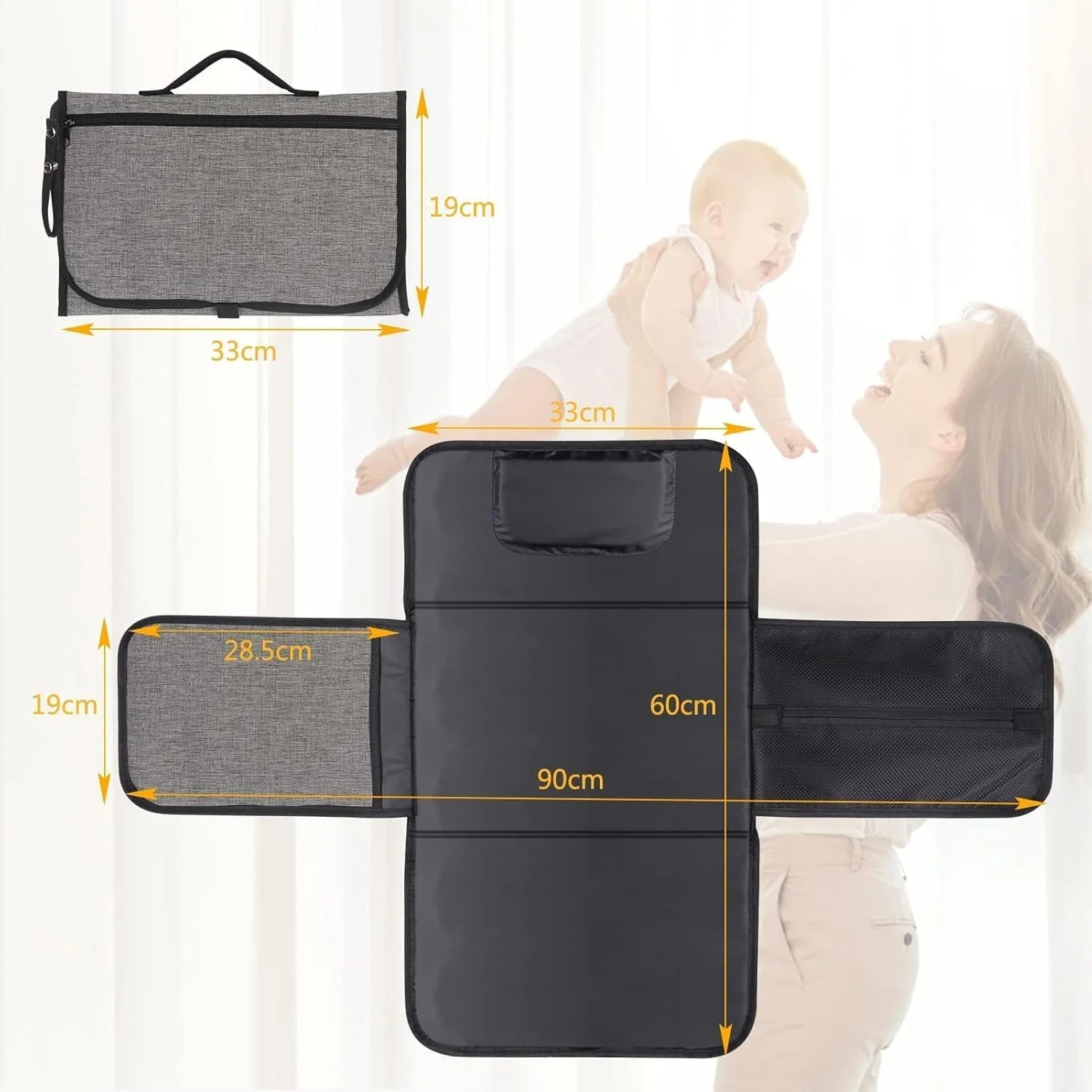زیرانداز تعویض پوشک قابل حمل Joyzzz برای نوزاد، تشک تعویض تاشو ضد آب با جیب دستمال مرطوب و محفظه نگهداری، زیرانداز تعویض مسافرتی برای لوازم ضروری نوزاد، عالی (خاکستری)
