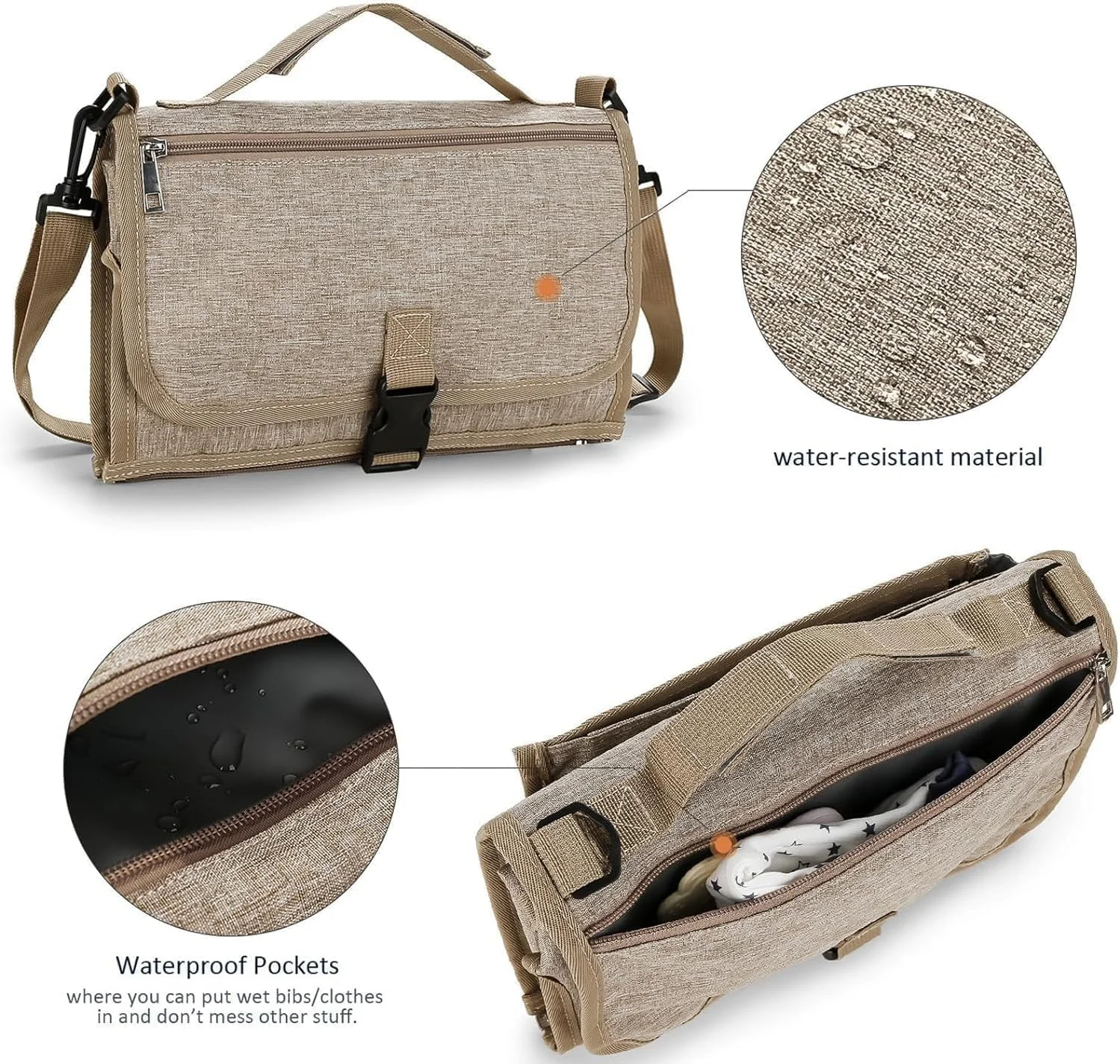 زیرانداز تعویض پوشک قابل حمل MostNow با جیب دستمال مرطوب، پد تعویض کودک مسافرتی با بالشتک سر برای نوزادان، پد تعویض پوشک ضد آب، لوازم ضروری نوزاد (خاکی)