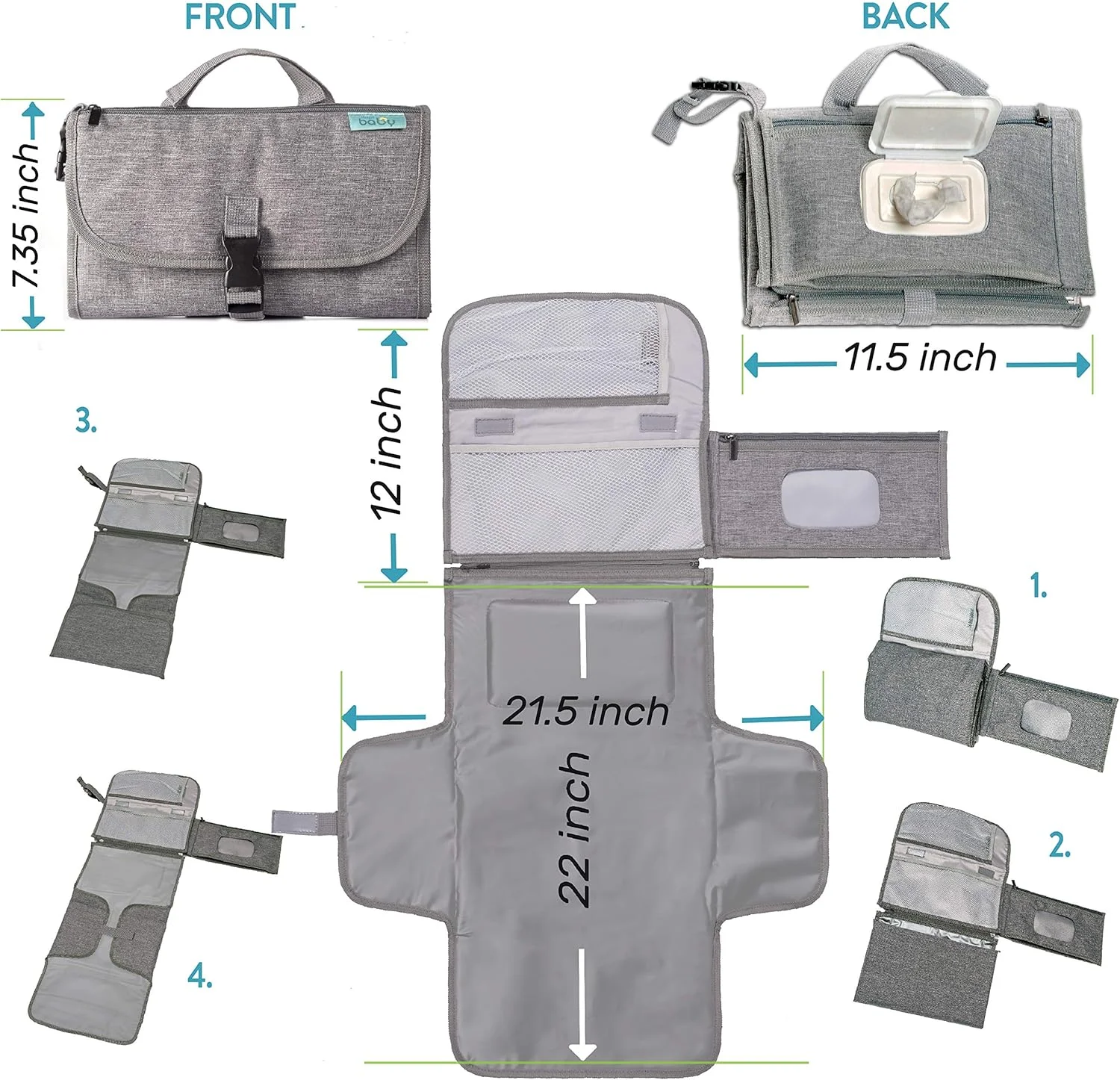 زیرانداز تعویض پوشک قابل حمل Kopi Baby، زیرانداز تعویض قابل حمل برای نوزاد دختر و پسر - زیرانداز تعویض کودک با جیب هوشمند دستمال مرطوب - کیت تعویض مسافرتی ضد آب - هدیه نوزاد