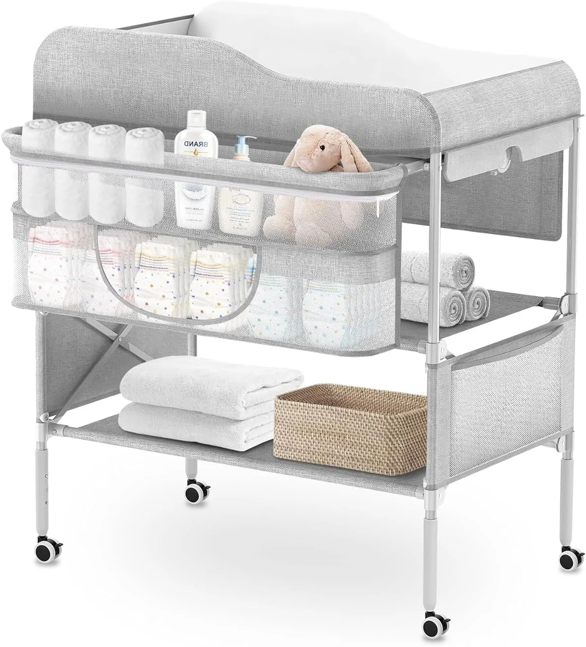 میز تعویض پوشک تاشو قابل حمل کودک، میز تعویض پوشک ضد آب، ایستگاه تعویض پوشک با قابلیت تنظیم ارتفاع برای نوزاد و اتاق کودک، ایستگاه تعویض متحرک، سازمان دهنده اتاق نوزاد (خاکستری)