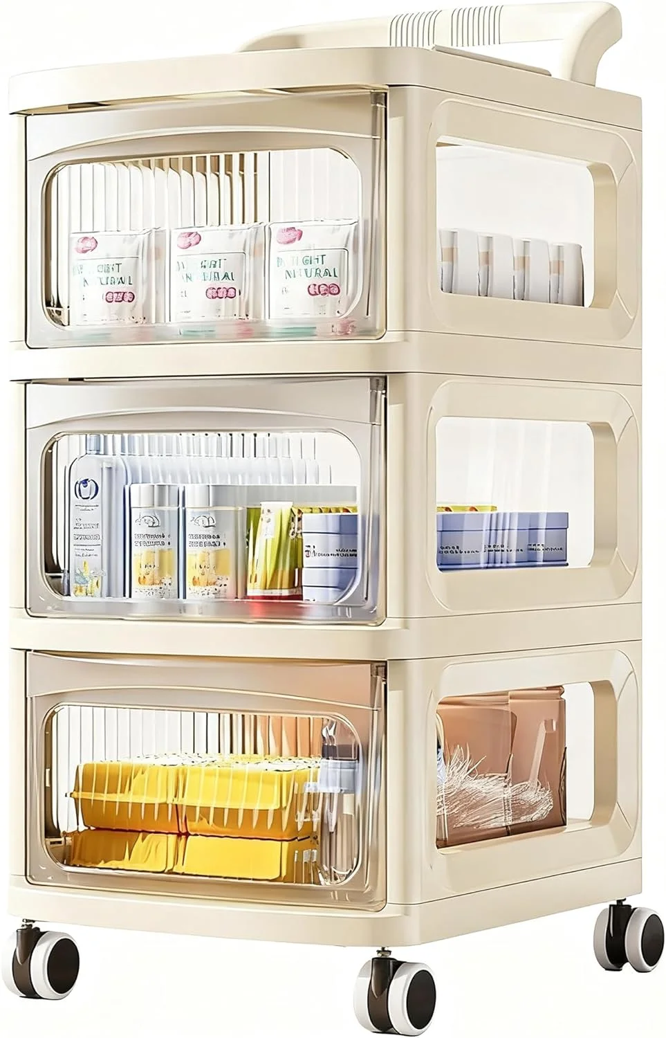 ارگانایزر و استوریج محصولات کودک با چرخ، ارگانایزر متحرک 3 طبقه برای لوازم ضروری نوزاد، سبد ارگانایزر اسباب بازی با کشو برای غذا، تنقلات، شیشه شیر، لوازم بهداشتی، مناسب منزل
