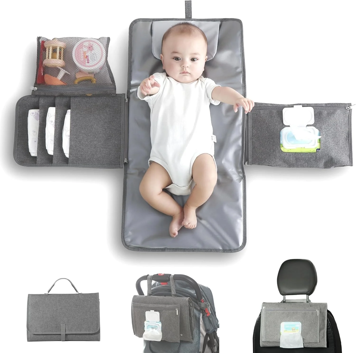 زیرانداز تعویض قابل حمل کودک با جیب دستمال مرطوب برای کیف پوشک، ضد آب و قابل تمیز کردن، مناسب برای نوزاد، زیرانداز مسافرتی، هدیه سیسمونی (خاکستری)