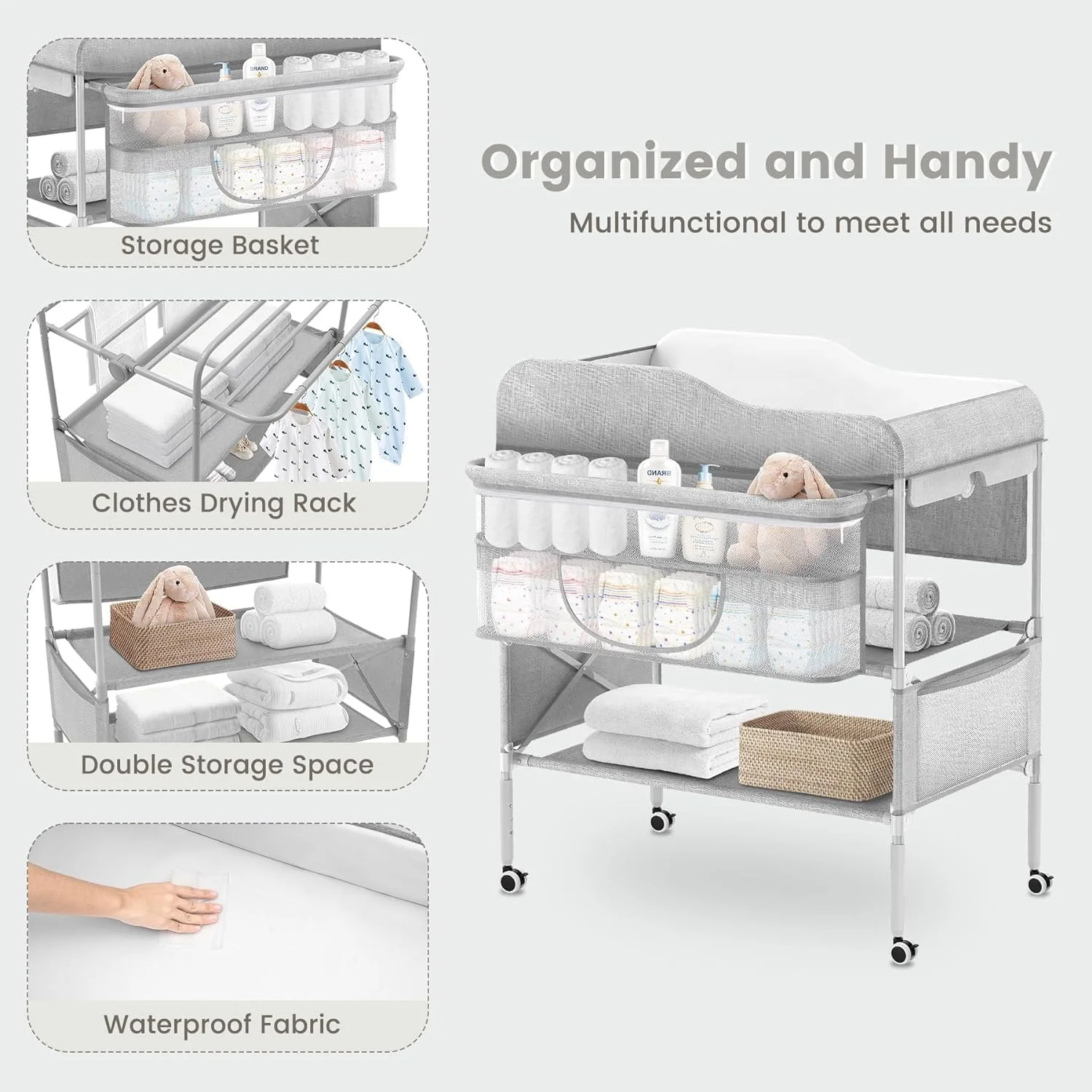 میز تعویض پوشک تاشو قابل حمل کودک، میز تعویض پوشک ضد آب، ایستگاه تعویض پوشک با قابلیت تنظیم ارتفاع برای نوزاد و اتاق کودک، ایستگاه تعویض متحرک، سازمان دهنده اتاق نوزاد (خاکستری)