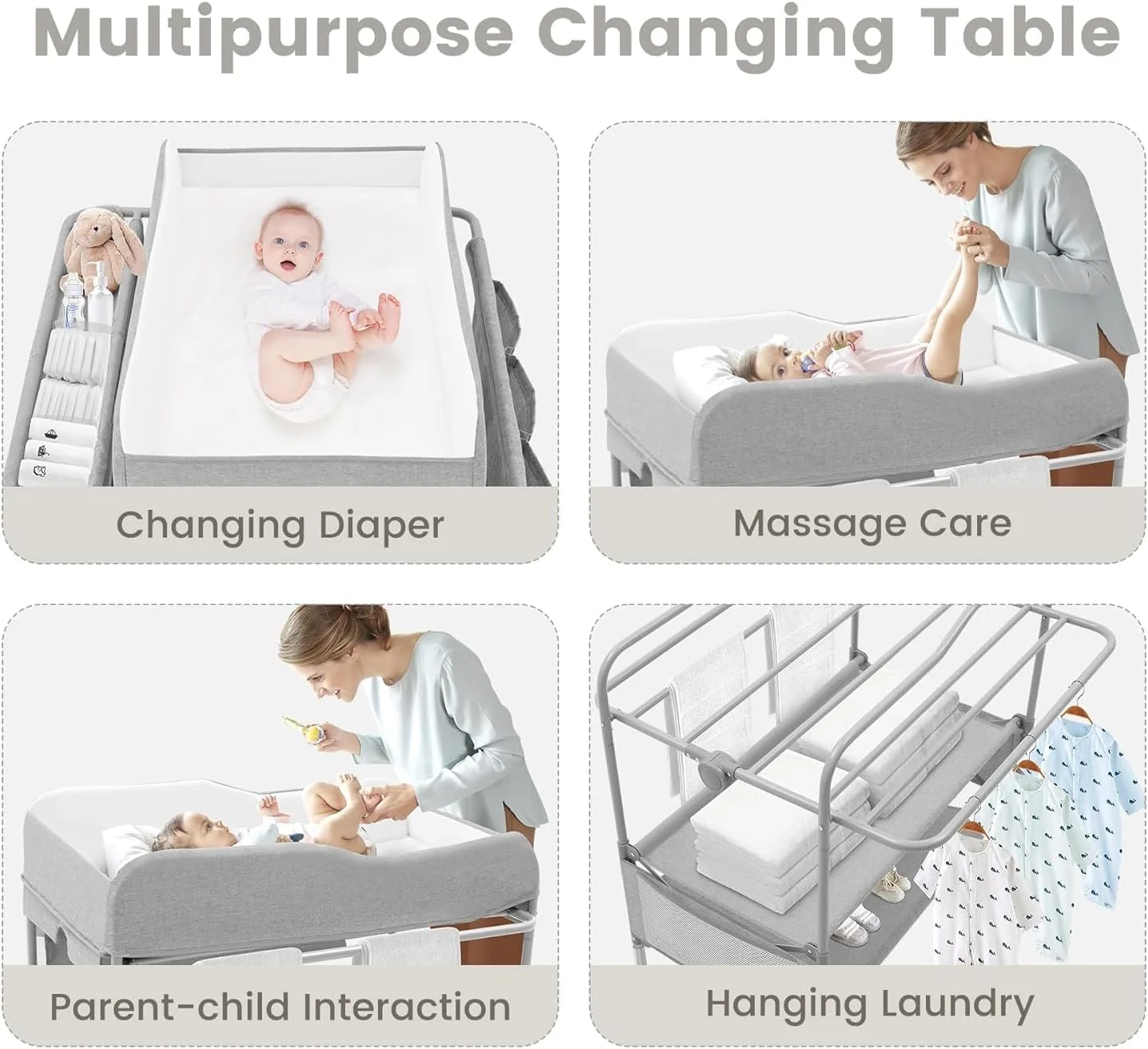 میز تعویض پوشک تاشو قابل حمل کودک، میز تعویض پوشک ضد آب، ایستگاه تعویض پوشک با قابلیت تنظیم ارتفاع برای نوزاد و اتاق کودک، ایستگاه تعویض متحرک، سازمان دهنده اتاق نوزاد (خاکستری)