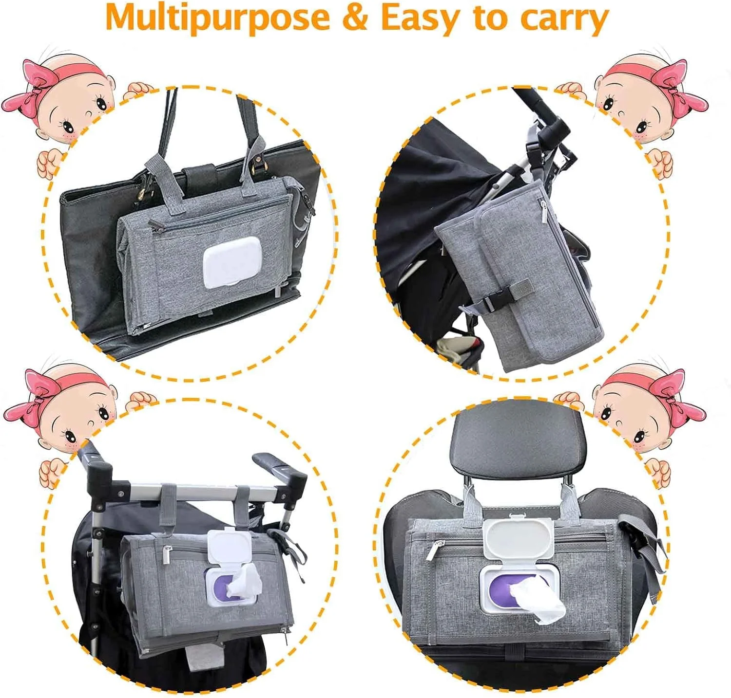 زیرانداز تعویض پوشک قابل حمل، زیرانداز تعویض قابل حمل برای نوزاد دختر و پسر، زیرانداز تعویض کودک با جیب دستمال مرطوب هوشمند، کیت ضد آب ایستگاه تعویض مسافرتی، هدیه سیسمونی، لوازم کودکانه یونیسکس