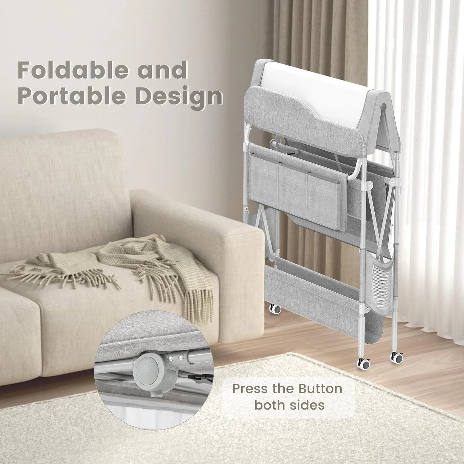 میز تعویض پوشک تاشو قابل حمل کودک، میز تعویض پوشک ضد آب، ایستگاه تعویض پوشک با قابلیت تنظیم ارتفاع برای نوزاد و اتاق کودک، ایستگاه تعویض متحرک، سازمان دهنده اتاق نوزاد (خاکستری)