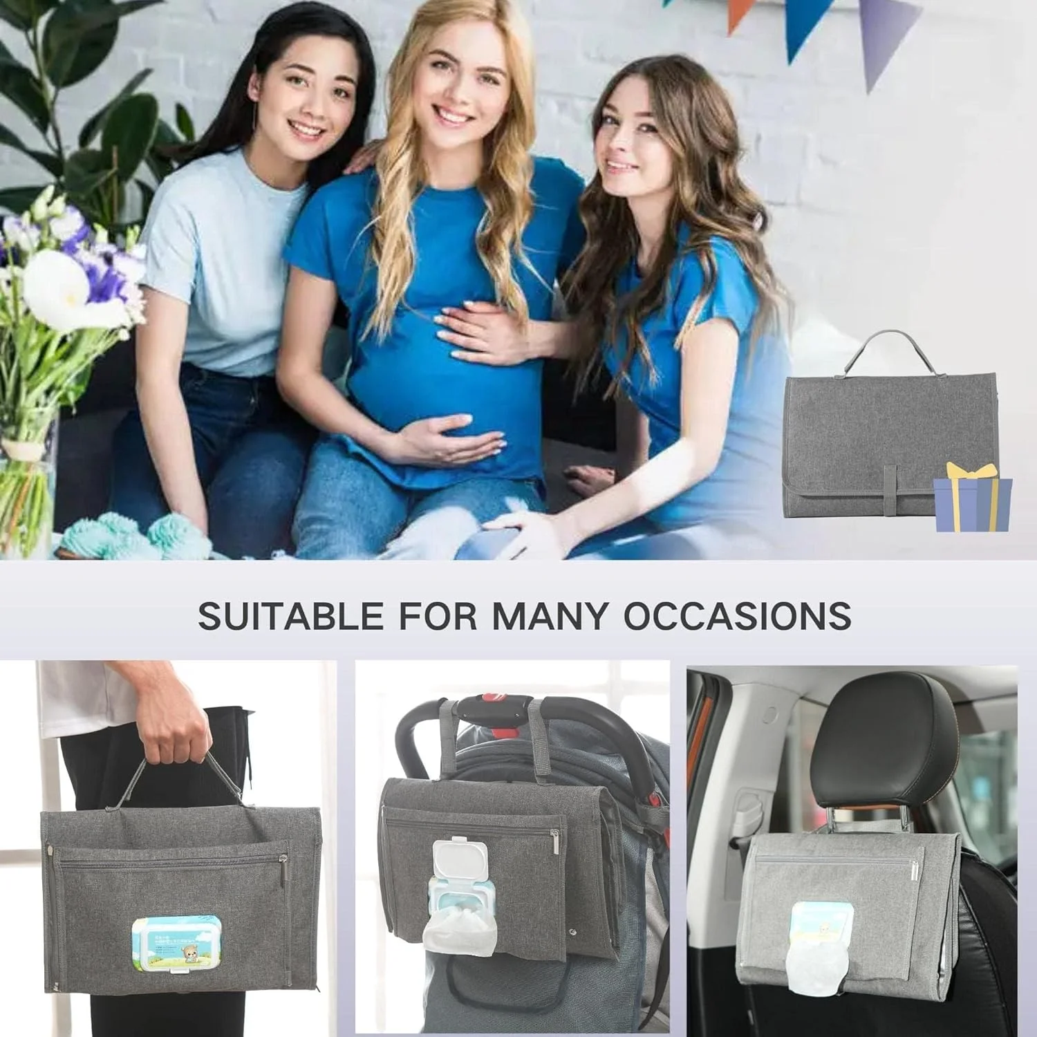 زیرانداز تعویض قابل حمل کودک با جیب دستمال مرطوب برای کیف پوشک، ضد آب و قابل تمیز کردن، مناسب برای نوزاد، زیرانداز مسافرتی، هدیه سیسمونی (خاکستری)