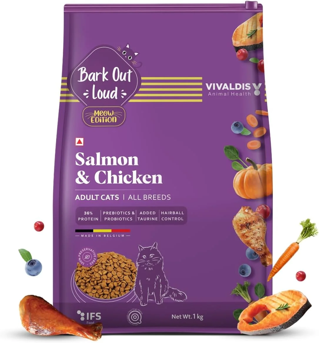 غذای خشک گربه بالغ با طعم مرغ و ماهی سالمون Bark Out Loud by Vivaldis - وزن 1 کیلوگرم، سرشار از پروتئین برای تقویت ایمنی، رشد و توسعه، کمک به سلامت قلب، پوست، پوشش و چشم.