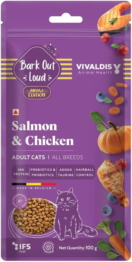 غذای خشک گربه بالغ با طعم مرغ و ماهی سالمون Bark Out Loud Bol، وزن 100 گرم غذای خشک گربه بالغ با طعم مرغ و ماهی سالمون Bark Out Loud Bol، وزن 100 گرم