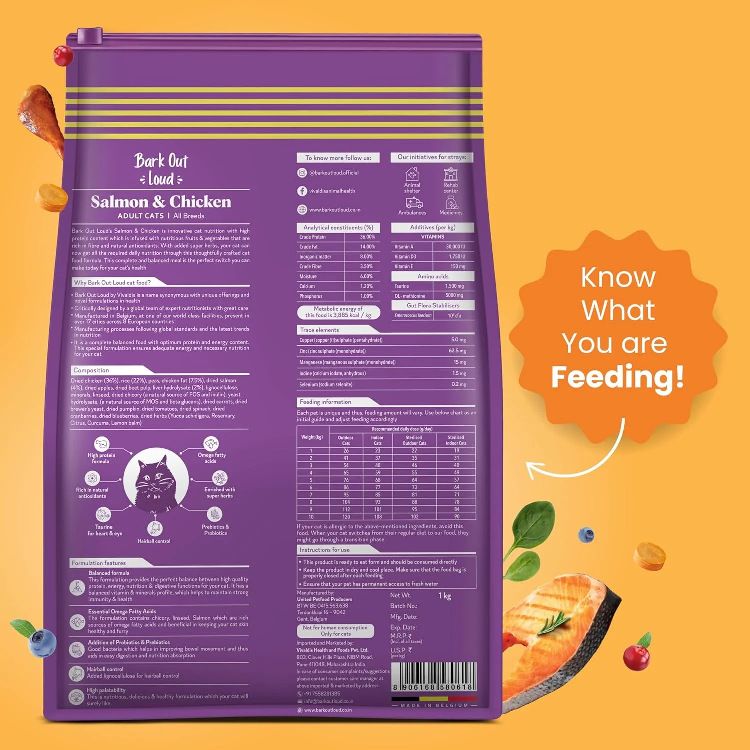 غذای خشک گربه بالغ با طعم مرغ و ماهی سالمون Bark Out Loud by Vivaldis - وزن 1 کیلوگرم، سرشار از پروتئین برای تقویت ایمنی، رشد و توسعه، کمک به سلامت قلب، پوست، پوشش و چشم.