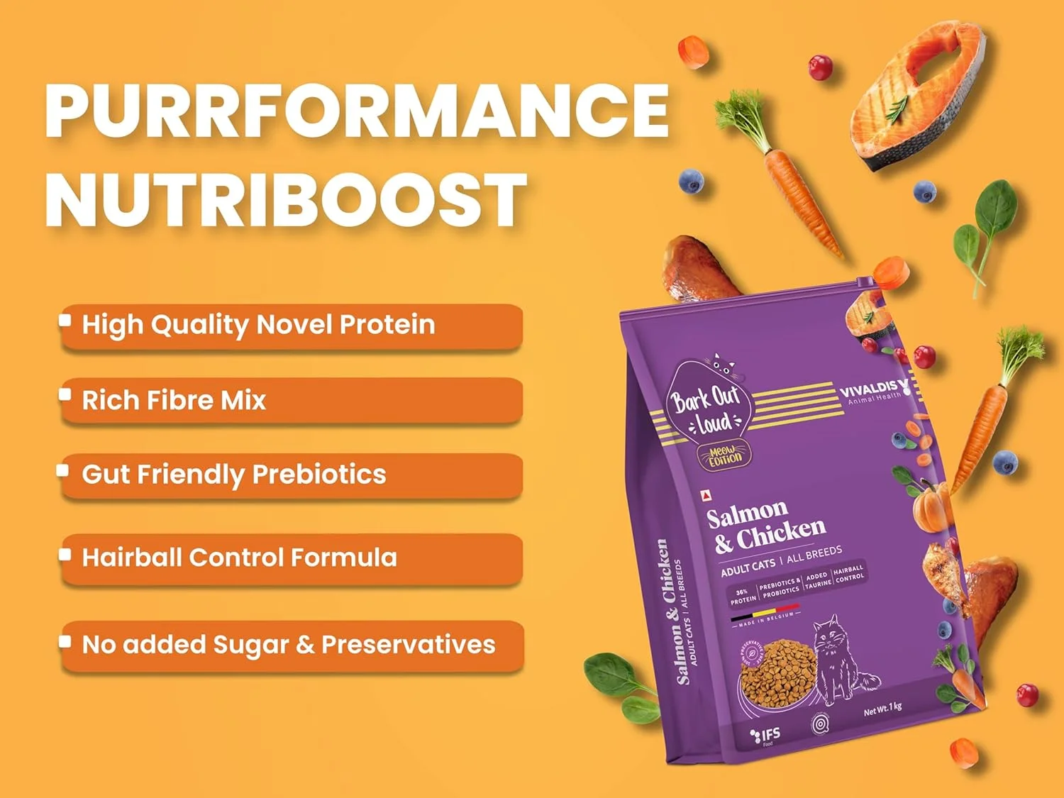 غذای خشک گربه بالغ با طعم مرغ و ماهی سالمون Bark Out Loud by Vivaldis - وزن 1 کیلوگرم، سرشار از پروتئین برای تقویت ایمنی، رشد و توسعه، کمک به سلامت قلب، پوست، پوشش و چشم.