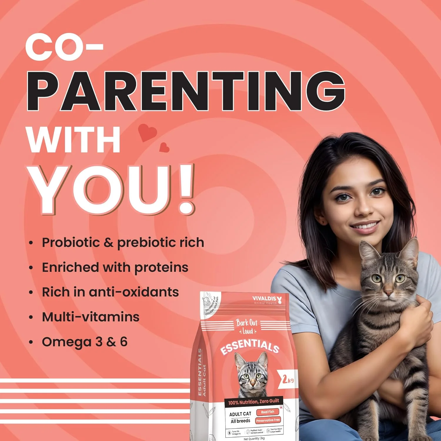 غذای خشک گربه بالغ بارک اوت لاود - تغذیه ضروری با طعم ماهی و مرغ، حاوی پروبیوتیک، کنترل کننده گلوله مویی، روغن ماهی تن (2 کیلوگرم)