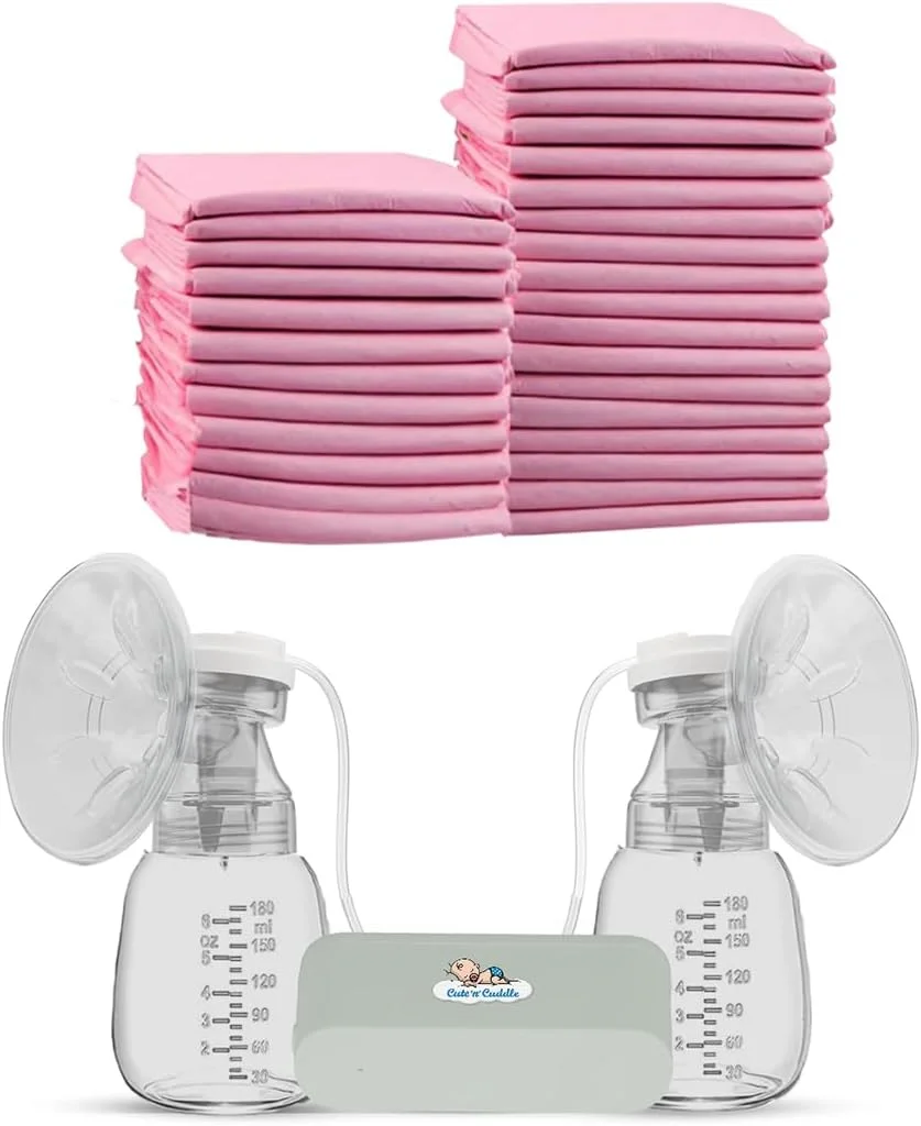 ست پمپ شیر دوش برقی و پد تعویض یکبار مصرف کودک کیوت اند کادل، پمپ شیردهی + 90 عدد پد تعویض ضد آب (60x45 سانتی متر) - لوازم ضروری تعویض پوشک و مسافرتی کودک برای مادران