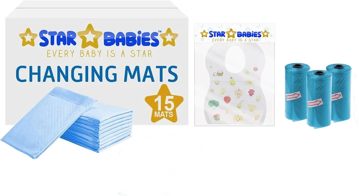 پک لوازم ضروری کودک 3 تکه (زیرانداز تعویض 15 عددی، کیسه پوشک معطر 3 عددی، پیش بند 15 عددی) - آبی